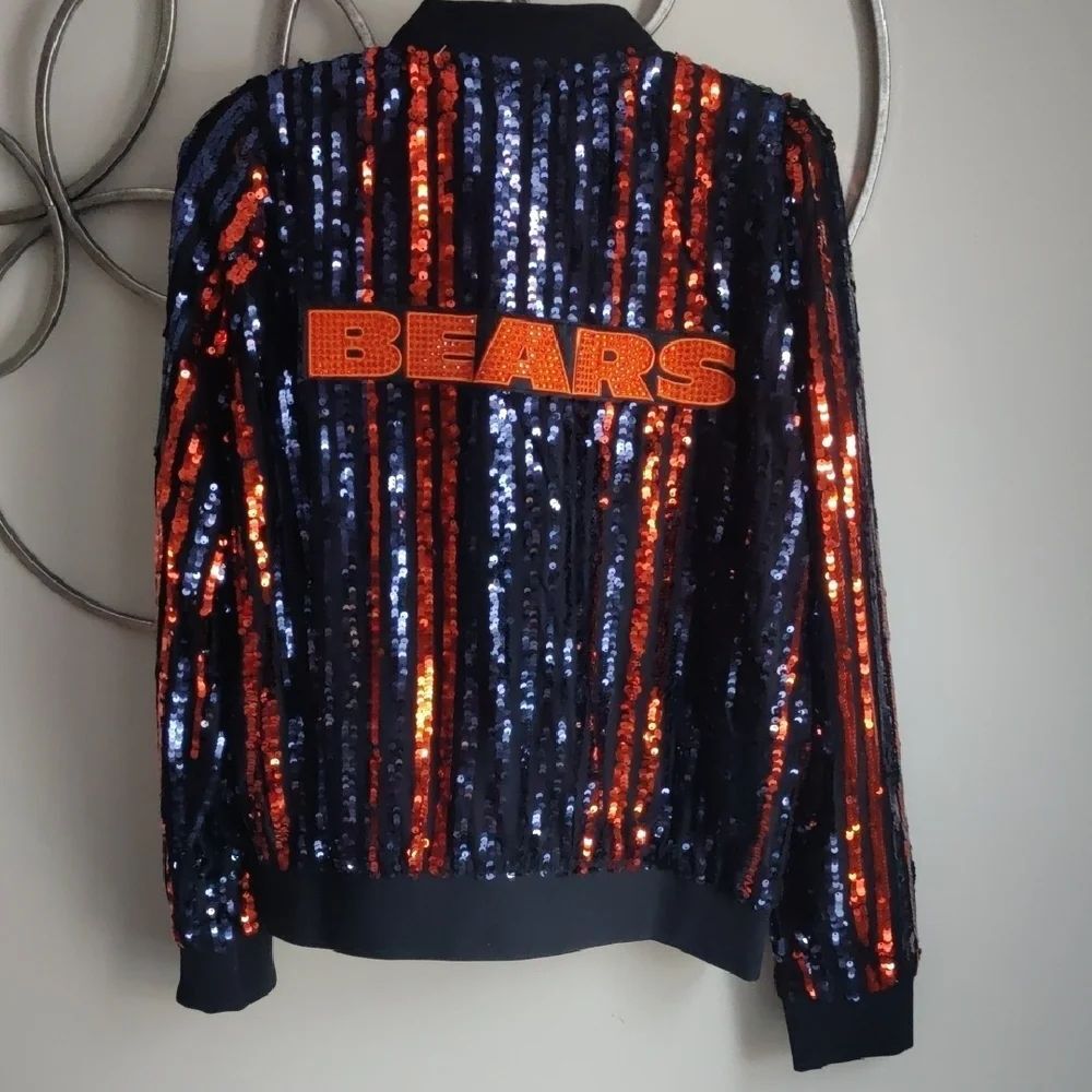NWT NFL Chicago Bears Blue and Orange Sequin Bomber Jacket